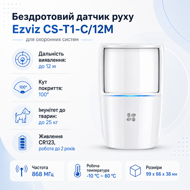 Беспроводной извещатель движения Ezviz CS-T1-C/12M 100° до 12 м 868МГц CR123 до 25 кг Белый - изображение 2
