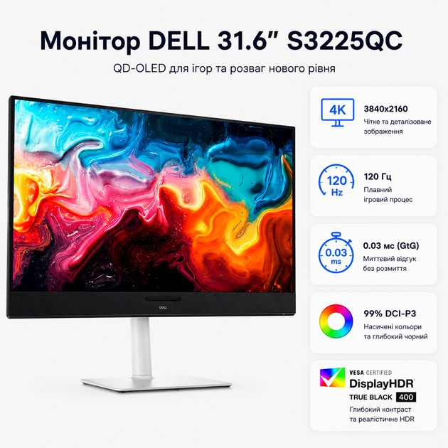 Монітор Dell S3225QC 31.6 дюймів QD-OLED 4K 120 Гц HDMI USB FreeSync ігровий (210-BRVT) - Фото 2 Монітор Dell S3225QC 31.6 дюймів QD-OLED 4K 120 Гц HDMI USB FreeSync ігровий (210-BRVT) - зображення 2