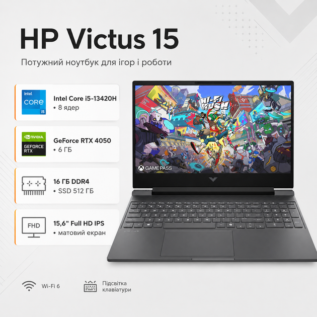 Ноутбук HP Victus 15-fa2711ua 15.6" FHD IPS i5-13420H 16Gb SSD 512Gb RTX 4050 6GB Mica Silver (BF1H6EA) - изображение 2