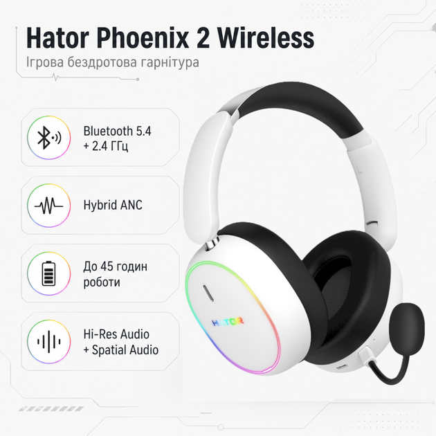 Навушники бездротові Hator Phoenix 2 Wireless Bluetooth 5.4 + USB-ресивер 45h White (ESH41) - зображення 2