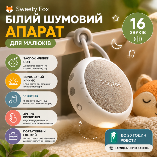 Белый шумовой для малышей Sweety Fox с ночником, 16 звуков, портативный генератор белого шума для сна компактный аккумуляторный - изображение 9