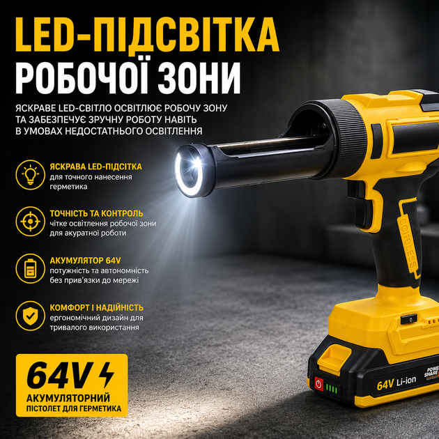 Акумуляторний пістолет для герметика CB-3982, з LED-підсвіткою, 64V - Фото 2 Акумуляторний пістолет для герметика CB-3982, з LED-підсвіткою, 64V - зображення 2