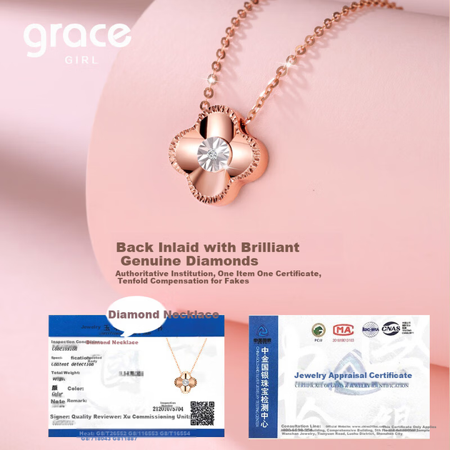 Колье Grace Girl с бриллиантами в виде четырехлистного клевера, двустороннее, для женщин, в свежем стиле, цепочка на ключицу из розового золота, подарок на годовщину или день рождения для девушки. - изображение 4