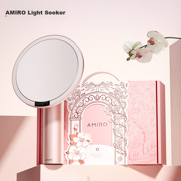 Зеркало для макияжа AMIRO с подсветкой, O2 Thin Mist, розовое - изображение 5