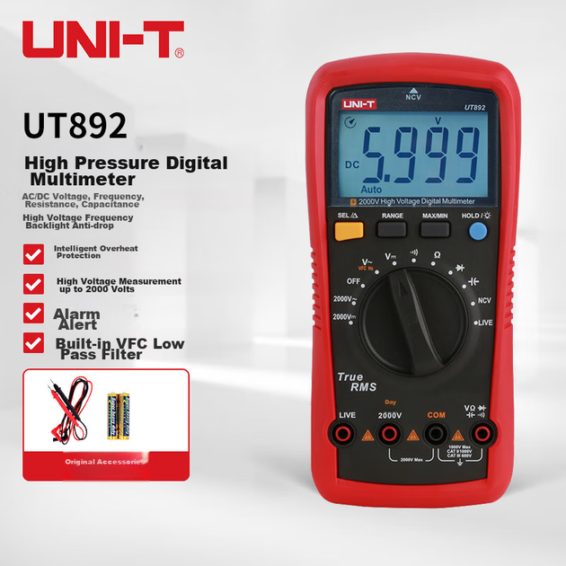 Цифровий мультиметр UNI-T UT892 2000V високої напруги, високоточний інтелектуальний вимірювач напруги змінного/постійного струму, захищений від опіків, для домашнього використання - зображення 2