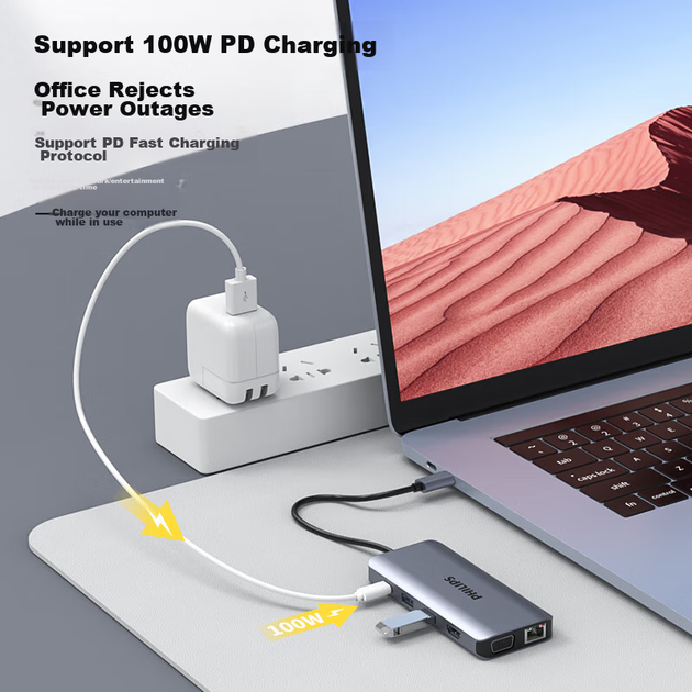 Док-станция расширения PHILIPS Type-C, док-станция расширения USB-C на HDMI для чтения карт, адаптер Ethernet-порта, разветвитель 3.2, конвертер для ноутбуков Apple 16 Huawei и MacBook. - изображение 6