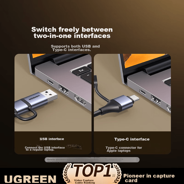Карта захвата видео UGREEN HDMI с входом 4K HD, совместимая с ноутбуками, смартфонами, планшетами и камерами Switch/NS/PS5 для игр, прямых трансляций и записи видео, а также с USB-портом и разъемом Type-C. - изображение 5