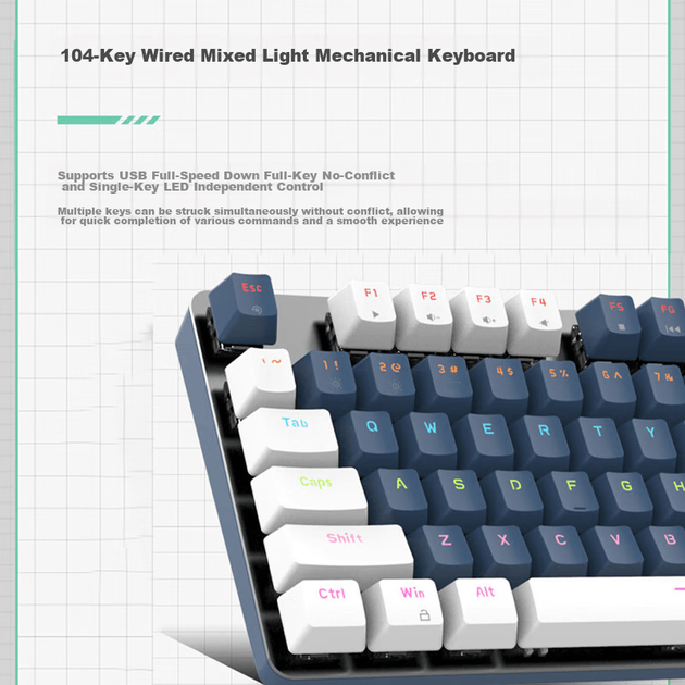 Механическая игровая клавиатура Lenovo MK5, проводная, синие переключатели с разноцветной подсветкой, подходит для игровых и офисных устройств Legion R9000P/Y7000, 104-клавишная клавиатура для игры в PUBG, цвет Cloud Silver Blue. - зображення 4