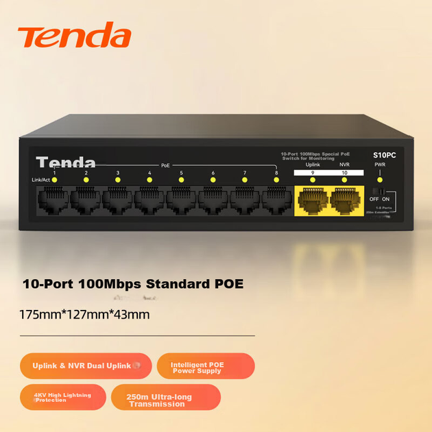 Tenda 10-портовий комутатор PoE 100 Мбіт/с, 8-портовий, подвійний аплінк, моніторинг підприємства, спеціалізований, мережевий комутатор, кабельний розгалужувач, один до S10PC - Фото 4 Tenda 10-портовий комутатор PoE 100 Мбіт/с, 8-портовий, подвійний аплінк, моніторинг підприємства, спеціалізований, мережевий комутатор, кабельний розгалужувач, один до S10PC - зображення 4