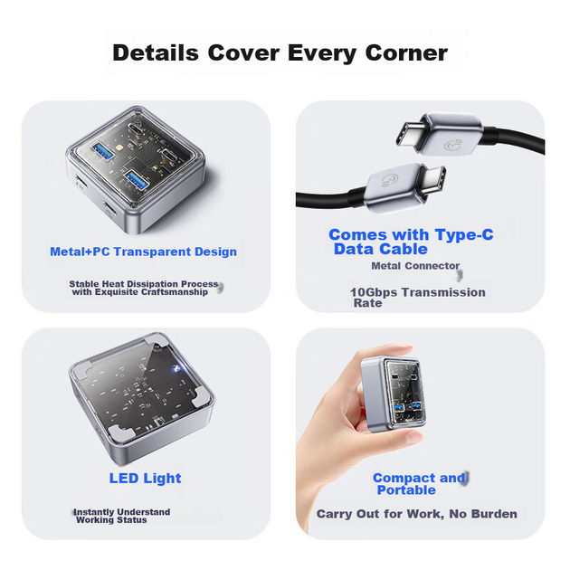 Док-станция ORICO Expansion Dock, концентратор Type-C, высокоскоростной разветвитель USB 3.2 10 Гбит/с, преобразователь One-To для ноутбука, длина кабеля 0,5 метра. - изображение 9