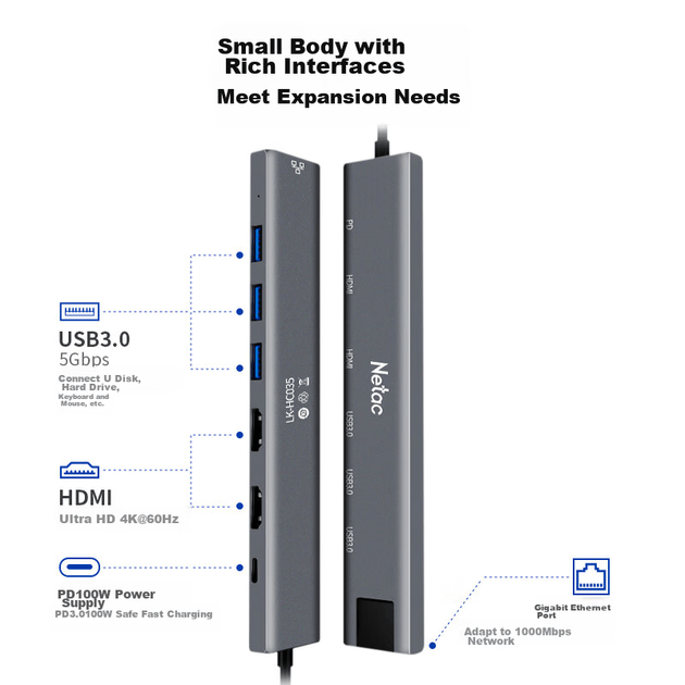 Док-станция расширения Netac Type-C, разветвитель для трех экранов USB-C на два HDMI, док-станция расширения 4K, быстрая зарядка PD, гигабитный порт Ethernet, HUB-разветвитель, совместима с компьютерами и планшетами, HC035 - изображение 3