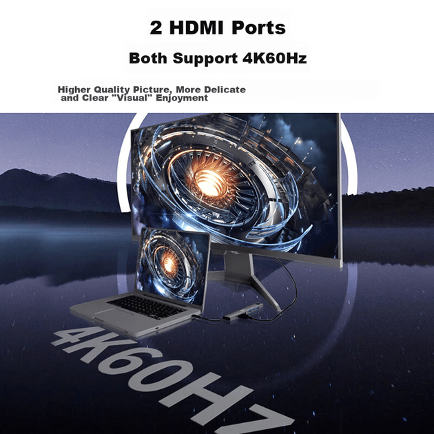 Док-станция расширения Netac Type-C, разветвитель для трех экранов USB-C на два HDMI, док-станция расширения 4K, быстрая зарядка PD, гигабитный порт Ethernet, HUB-разветвитель, совместима с компьютерами и планшетами, HC035 - изображение 4