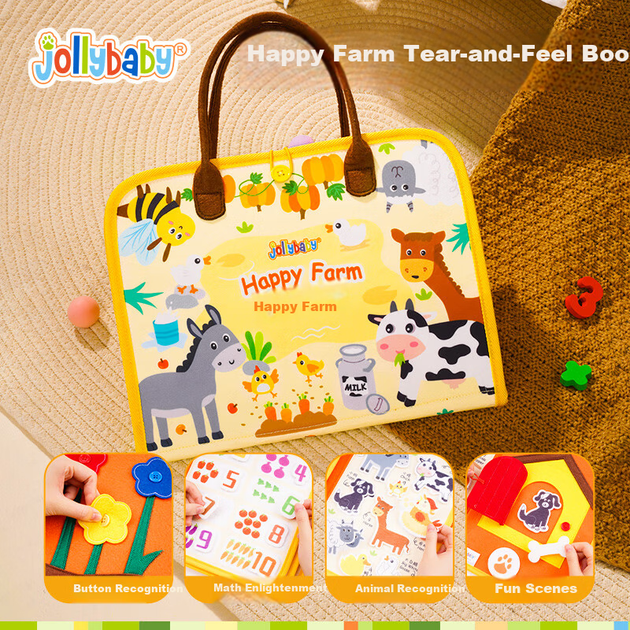Jollybaby Чарівна книжка-липучка на липучці, стійка до розривів, дитяча жувальна міцна іграшка, дитяча іграшка-подарункова книжка-розрив - фермерське видання - зображення 4