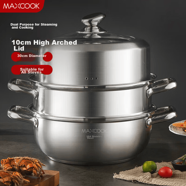 Пароварка MAXCOOK, двухслойная, из нержавеющей стали 304, для приготовления горячих блюд и супов, 30 см, совместима с газовыми и индукционными плитами. - изображение 4