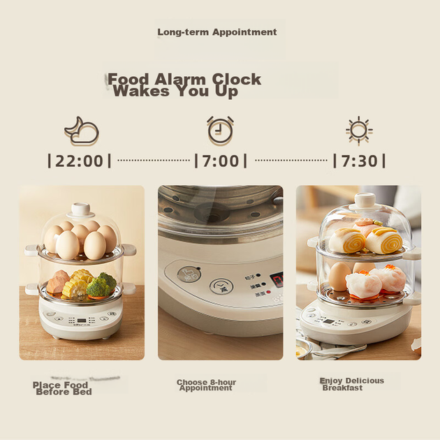 Пароварка Bear Egg Cooker, двухслойная многофункциональная пароварка для домашнего использования, пароварка из нержавеющей стали для приготовления завтраков, выпечки и закусок, программируемый таймер с функцией автоматического отключения, ZDQ-C14Q8 - изображение 7
