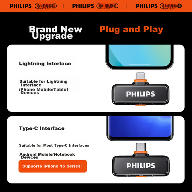 PHILIPS [Субсидії] Бездротовий петличний мікрофон для прямих трансляцій, стрімерів, влогерів, авторів коротких відео, інтерв'ю на свіжому повітрі, інтелектуальне шумозаглушення, версія Lightning, один конектор DLM3543C - зображення 4