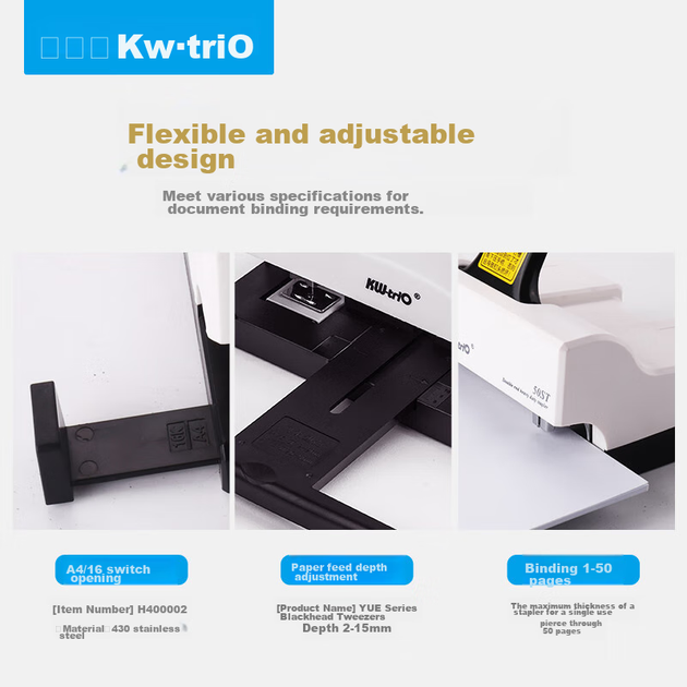 Двусторонний степлер KW-Trio, двухштырьковый, с двойным гвоздевым креплением, двухрядный, многофункциональный, для экономии труда, стандартного формата переплета (50 страниц). - зображення 7