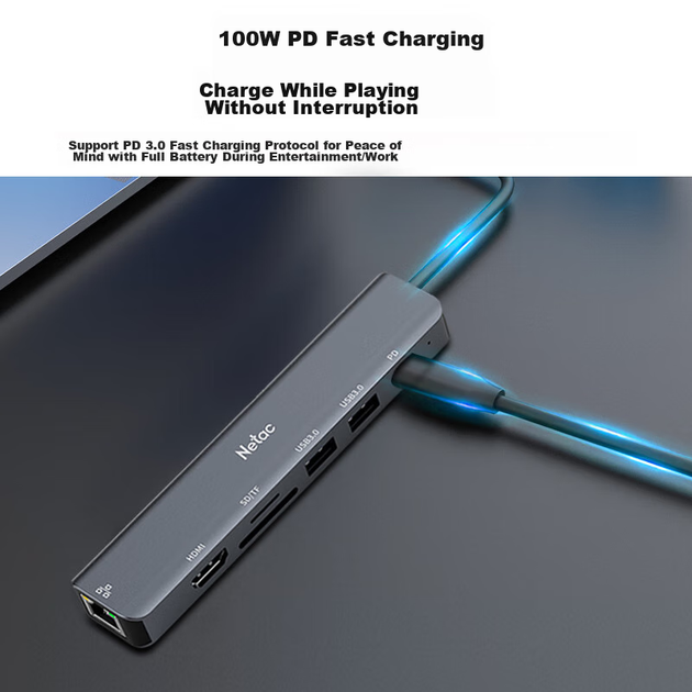 Универсальная док-станция Netac Seven-In Type-C с устройством чтения карт TF/SD, портом USB-C на HDMI/RJ45 Gigabit Ethernet/быстрой зарядкой PD для планшетов Mac HC024 - изображение 3
