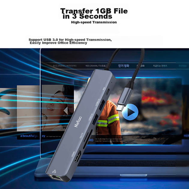 Универсальная док-станция Netac Seven-In Type-C с устройством чтения карт TF/SD, портом USB-C на HDMI/RJ45 Gigabit Ethernet/быстрой зарядкой PD для планшетов Mac HC024 - изображение 7