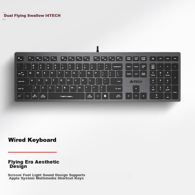 A4TECH FX50, 109-клавішна дротова клавіатура, тонкоплівкова тиха клавіатура, комп'ютерна клавіатура, клавіатура для Mac, офісний друк, гарне відчуття в руці, Fei Shidai, клавіатура з ножицеподібною ніжкою, залізно-сірий колір, дротова - зображення 3
