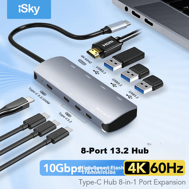 Док-станция расширения Isky Type-C 3.2, высокоскоростная док-станция Gen2 10 Гбит/с для подключения HDMI 4K HD, совместима с телефонами, ноутбуками и планшетами Apple, Microsoft и Huawei. - изображение 3