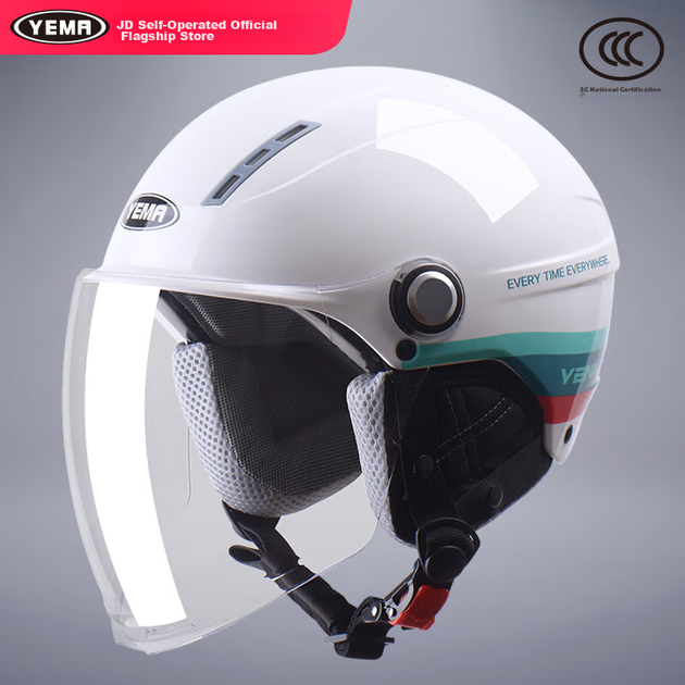 Мотоциклетный шлем YEMA 3C Certified 359S для электромобилей, легкий полушлем для мужчин и женщин, весенне-летний стиль, подходит для электросамокатов, защитный шлем для всех сезонов, керамический белый с цветной полосой и прозрачным длинным визором. - Фото 4 Мотоциклетный шлем YEMA 3C Certified 359S для электромобилей, легкий полушлем для мужчин и женщин, весенне-летний стиль, подходит для электросамокатов, защитный шлем для всех сезонов, керамический белый с цветной полосой и прозрачным длинным визором. - изображение 4