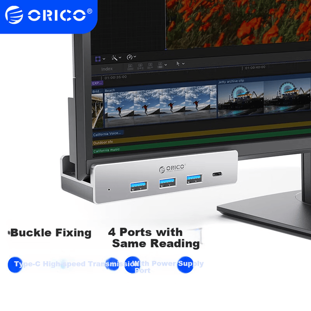 ORICO Type-C Hub, USB 3.0 Hub Expansion Dock, алюмінієвий сплав Clip-On, високошвидкісний подовжувач для настільних комп'ютерів та ноутбуків з портом живлення MH4PC - изображение 6
