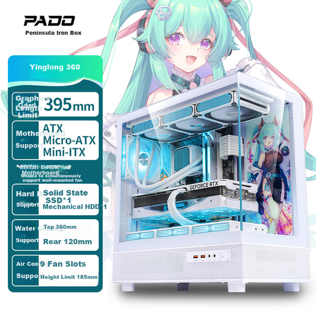 Корпус для настільного комп'ютера PADO Yinglong 360 White Seaside View ATX (без стійки / підтримує водяне охолодження 360 мм / 9 позицій для вентиляторів / сумісний з відеокартою 4090) - изображение 4