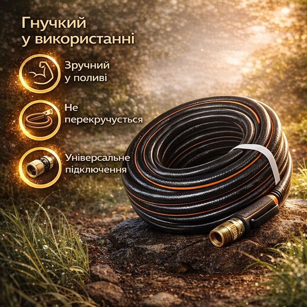 Шланг для поливу REBINER KALAHARI 5/8" 50 м армований посилений для саду, городу та подачі води чорно-помаранчевий - зображення 4