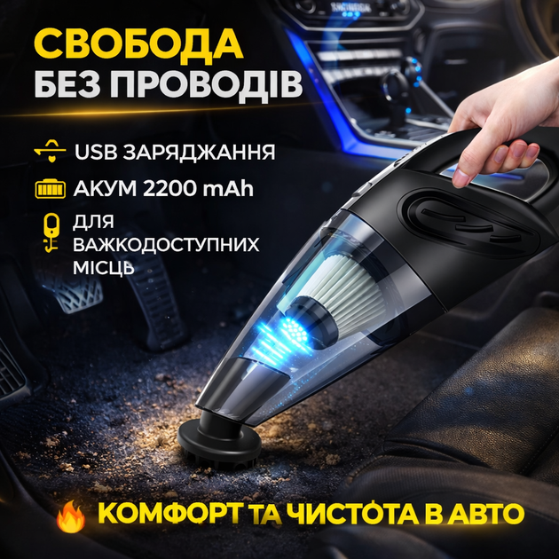 Автомобильный беспроводной пылесос 120W 2200 мАч аккумуляторный ручной автопылесос для салона и уборки авто - изображение 5