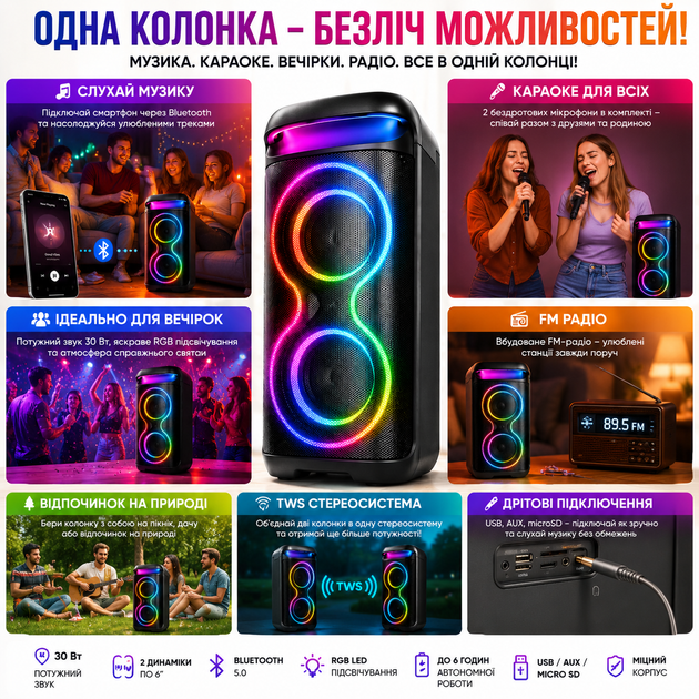 Портативна Bluetooth колонка ZXX-5570 USB AUX FM радіо з 2 бездротовими мікрофонами та пультом 30 Вт акустична караоке система для будинку вулиці та вечірок - Фото 2 Портативна Bluetooth колонка ZXX-5570 USB AUX FM радіо з 2 бездротовими мікрофонами та пультом 30 Вт акустична караоке система для будинку вулиці та вечірок - зображення 2