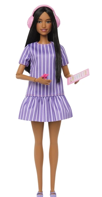Lalka Mattel Barbie Autistic Self Advocacy Network w fioletowej sukience w paski z kasztanowymi włosami i ciemną karnacją (JJN58) (194735340316) - Zdjęcie 3 Lalka Mattel Barbie Autistic Self Advocacy Network w fioletowej sukience w paski z kasztanowymi włosami i ciemną karnacją (JJN58) (194735340316) - obraz 3