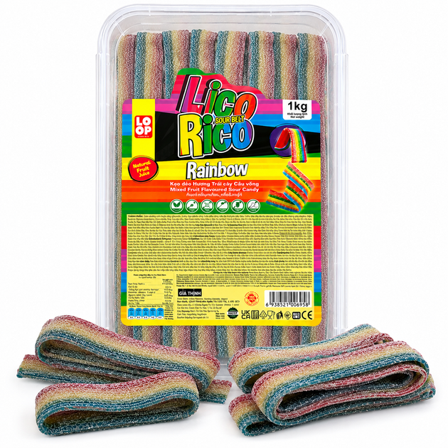 Мармеладные пластинки Lico Rico Rainbow 1 кг - разноцветные жевательные ленты 100 шт - Фото 1 Мармеладные пластинки Lico Rico Rainbow 1 кг - разноцветные жевательные ленты 100 шт - изображение 1