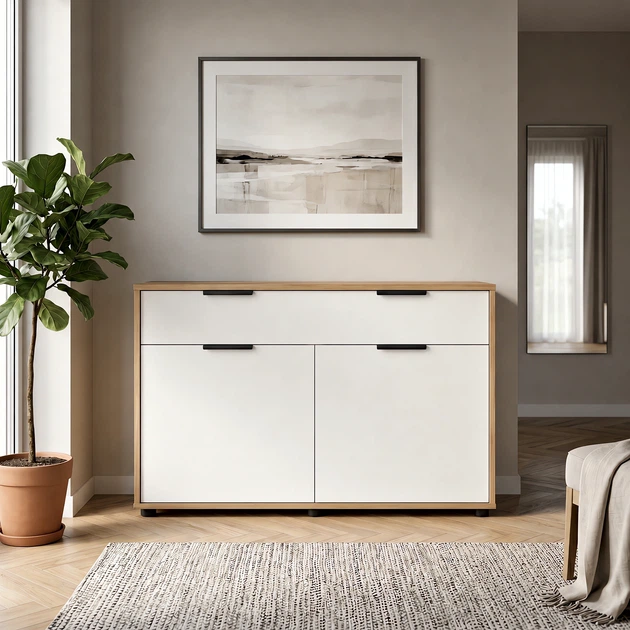 Стильний комод Nola 1200х450х750 з шухлядами та полицями Білий/Дуб Артізан - зображення 2