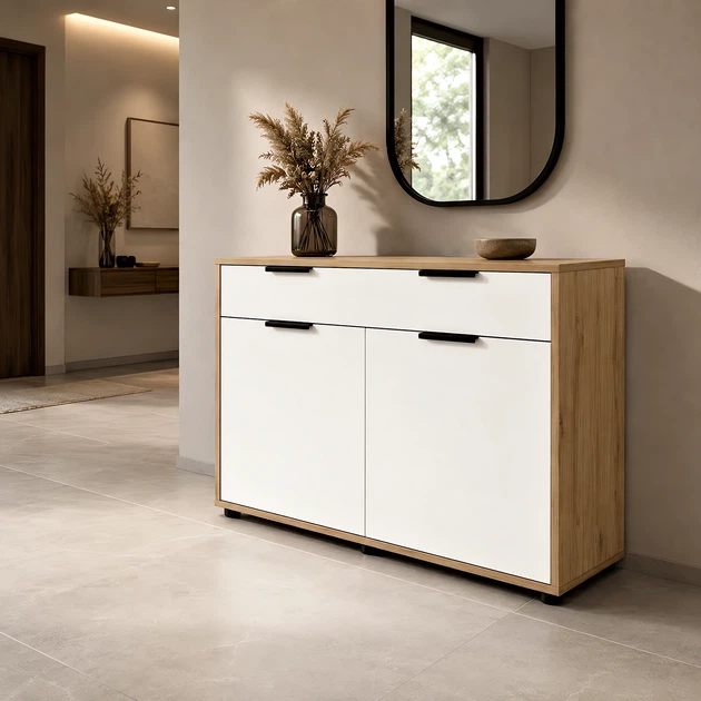 Стильний комод Nola 1200х450х750 з шухлядами та полицями Білий/Дуб Артізан - зображення 4