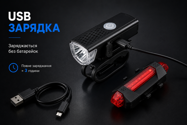 Велосипедний ліхтар комплект USB, передній + задній акумуляторний / Велосипедна фара - Фото 5 Велосипедний ліхтар комплект USB, передній + задній акумуляторний / Велосипедна фара - зображення 5