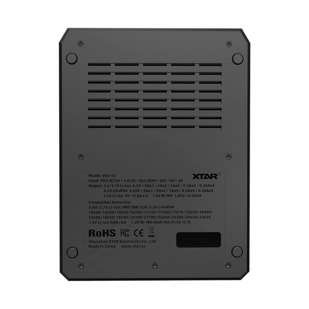 Зарядний пристрій XTAR VX4 V2 Type-C 10440~32650 1.5V/3.6V/3.7V Li-ion, 3.2V LiFePo4, 1.2V Ni-Mh, 3.2V LiFePo4 із дисплеєм QC3.0 | заряд - 3Ax1, 2Ax2, 1Ax4, 0.5Ax4, 0.25Ax4| 4 слоти SET із БЖ PD20W - изображение 4