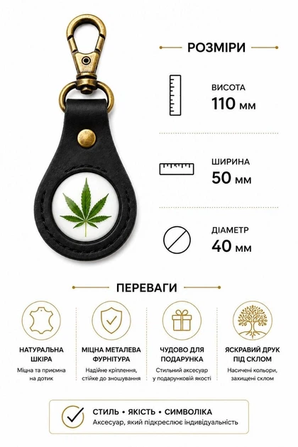 Брелок «Лист канабісу» ручна робота натуральна шкіра 50мм - Фото 2 Брелок «Лист канабісу» ручна робота натуральна шкіра 50мм - зображення 2