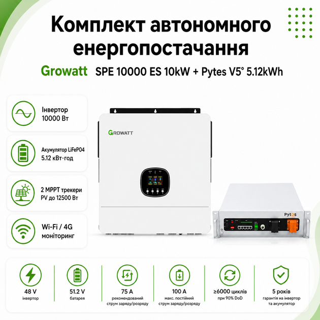 Комплект автономного энергоснабжения Growatt SPE 10000 ES 10kW + Pytes V5° 5.12kWh White - Фото 5 Комплект автономного энергоснабжения Growatt SPE 10000 ES 10kW + Pytes V5° 5.12kWh White - изображение 5