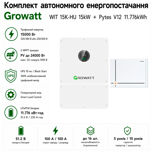 Комплект автономного энергоснабжения Growatt WIT 15K-HU 15kW + Pytes V5° 5.12kWh White - изображение 2