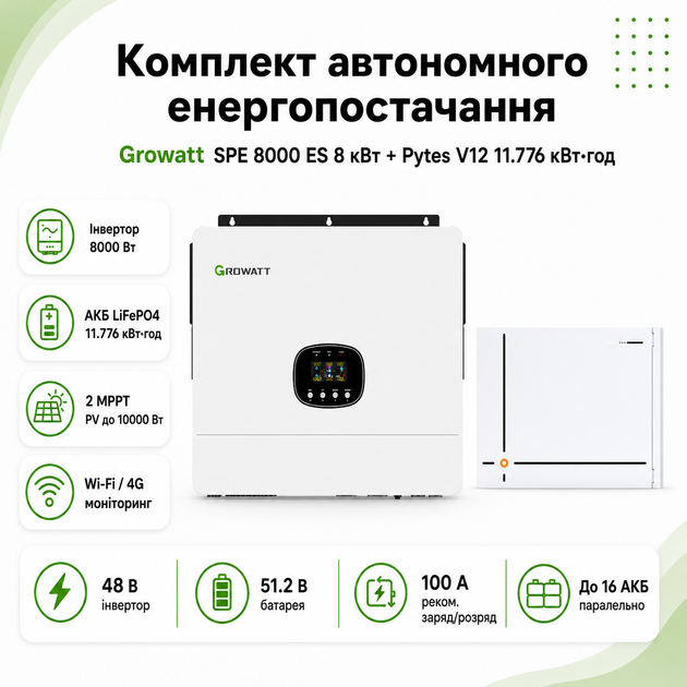 Комплект автономного энергоснабжения Growatt SPE 8000 ES 8kW + Pytes V12 11.78kWh White - изображение 5