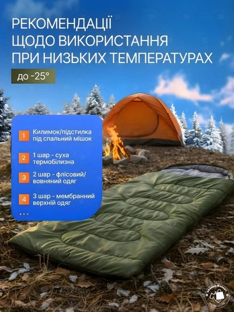 Широкий утеплений спальний мішок 220 х 70 см, з капюшоном, Водонепроникний спальник в чохлі, Зелений - зображення 8