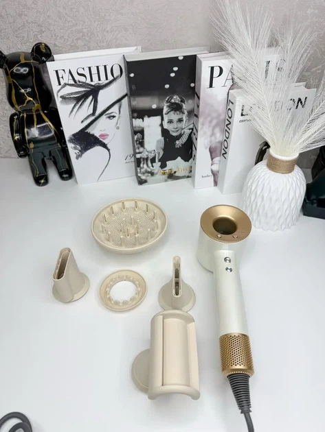 Фен Super Hair Dryer біло-золотий, бежеві насадки з іонізацією та турборежимом 5 насадок - зображення 4