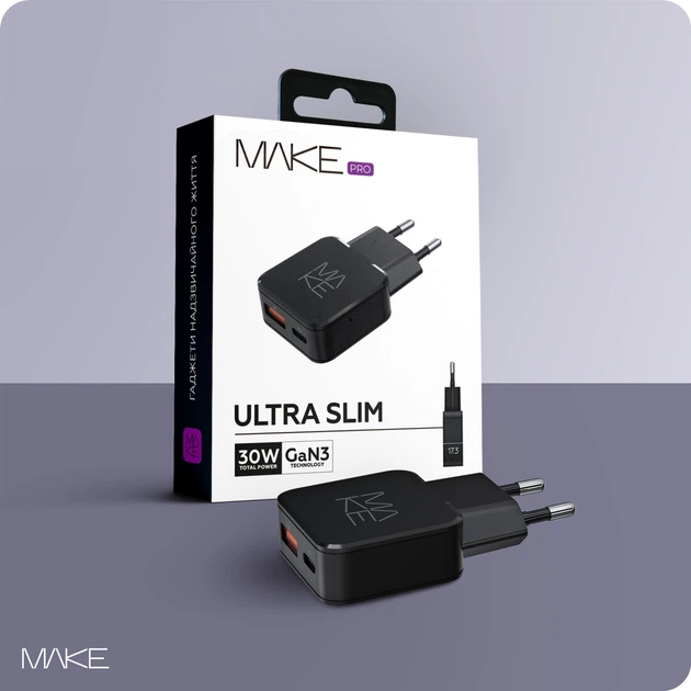 Сетевое зарядное устройство Make 30W GaN3 Ultra Slim Type-C PD3.0 + USB QC4.0 Black (MCW-3022GBK) - изображение 9