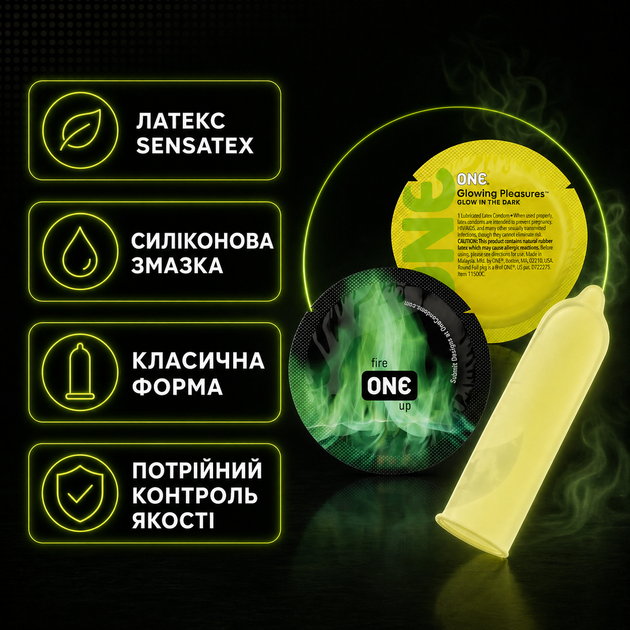Презерватив ONE Glowing Pleasures ультратонкий латексний гладкий світиться в темряві із силіконовою змазкою 1 шт - зображення 4