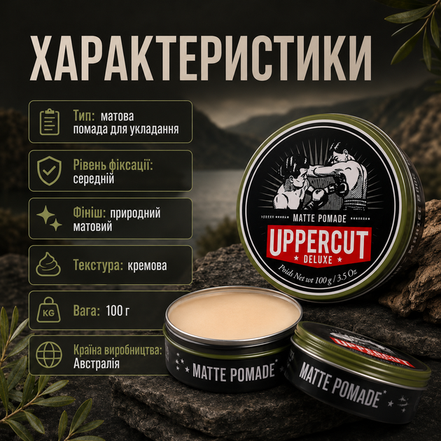 Помада Uppercut Deluxe Matt Pomade 100 г для укладання волосся з сильною фіксацією, вираженим блиском, водною основою та текстурою, стайлінг для помпадура і гладких зачісок - зображення 3