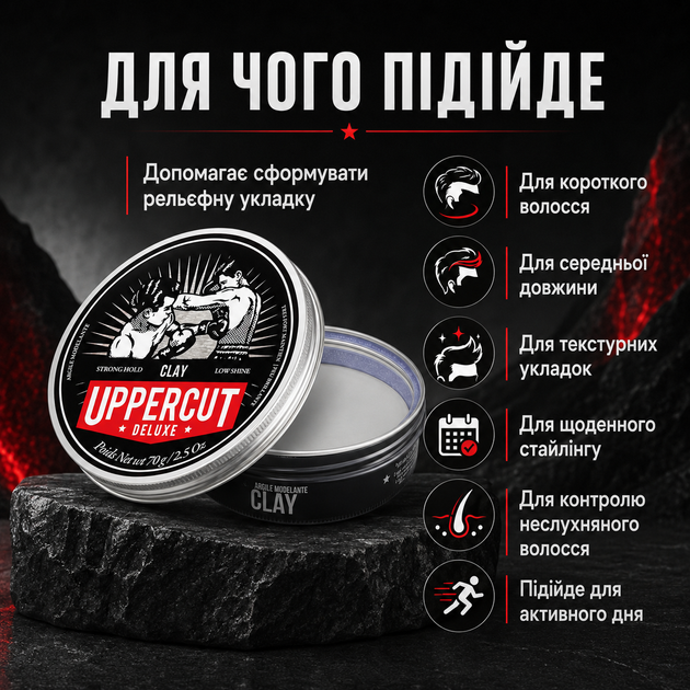 Глина Uppercut Deluxe Clay 70 г для укладання волосся з сильною фіксацією, низьким блиском, водною основою та текстуруванням, стайлінг для короткої і середньої довжини - зображення 4