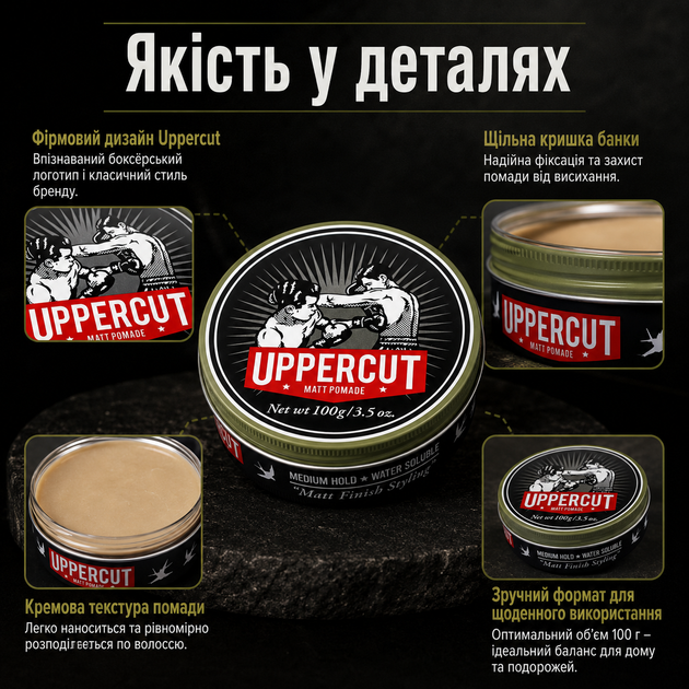 Помада Uppercut Deluxe Matt Pomade 100 г для укладання волосся з середньою фіксацією, матовим фінішем, водною основою та кремовою текстурою, стайлінг для класичних зачісок - зображення 2