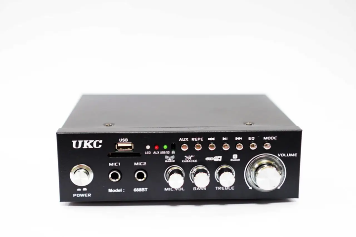 Усилитель звука Bluetooth 4,0 USB/SD/FM/MP3 120W+120W 2х канальный с пультом стереоусилитель для колонок с караоке 220V и 12V UKC AK-688BT - Фото 8 Усилитель звука Bluetooth 4,0 USB/SD/FM/MP3 120W+120W 2х канальный с пультом стереоусилитель для колонок с караоке 220V и 12V UKC AK-688BT - изображение 8