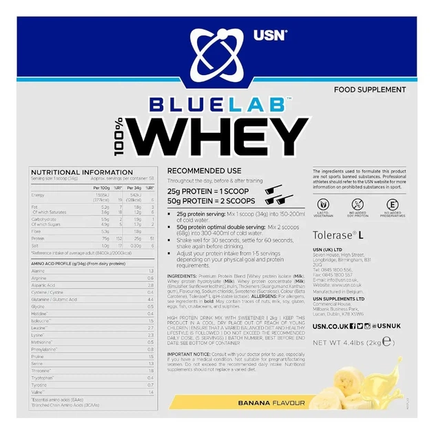 Сироватковий протеїн Blue Lab 100% Whey Premium Protein USN, банан, 2 кг - зображення 2